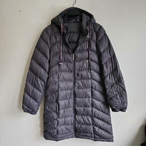 Tommy Hilfiger Gray Quilted Hooded Packable Long Jacket Down Puffer Coat. Sz M